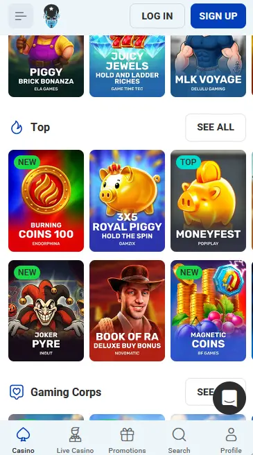 Rocketspin mobile casino interface running in a smartphone browser