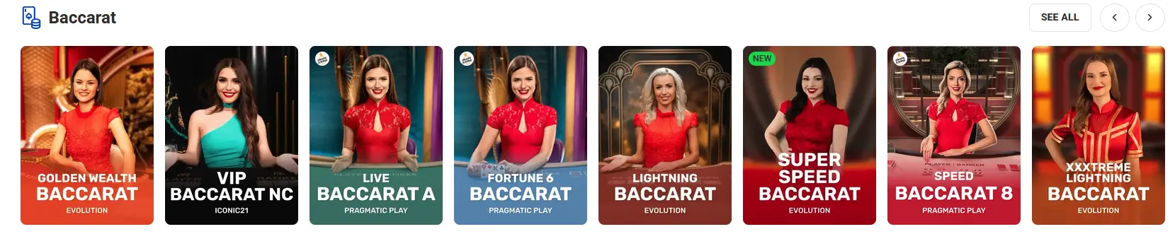 Live baccarat table streamed by Evolution at Rocketspin Casino