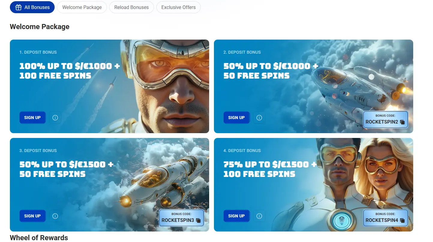 Rocketspin welcome bonus offer of up to $5,000 and 300 free spins