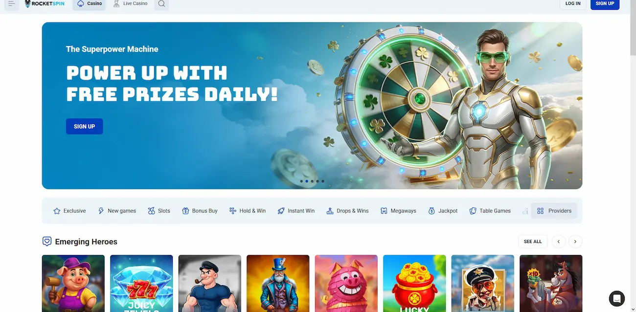 Rocketspin Casino homepage showing pokies lobby and live casino navigation