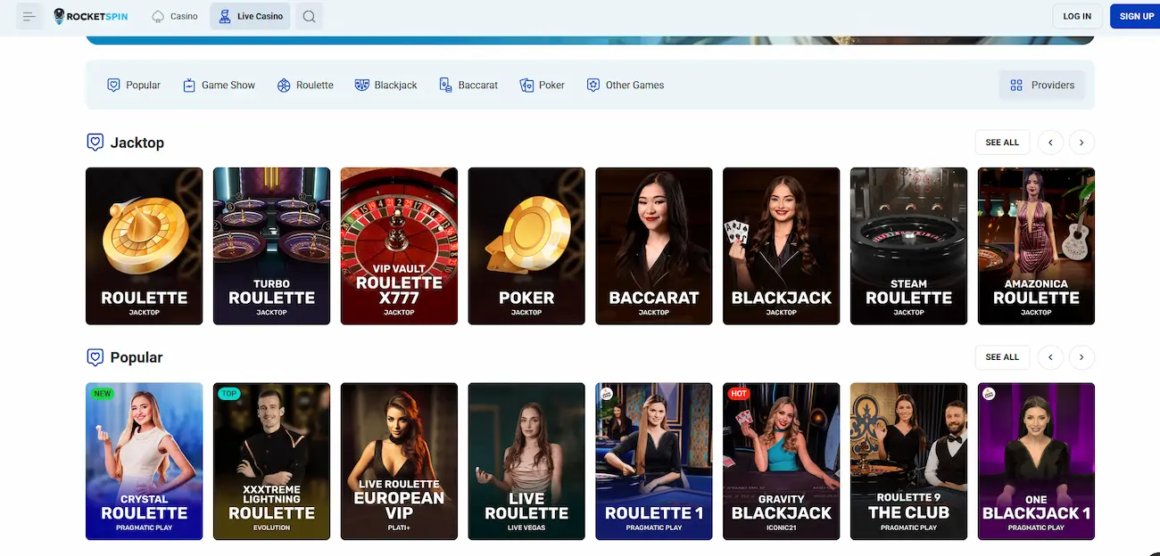 Rocketspin live casino lobby with Evolution and Ezugi dealer tables