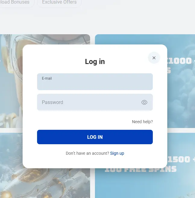 Rocketspin Casino login screen with email and password fields