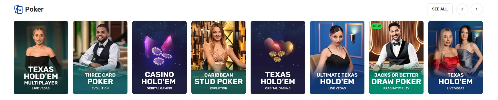 Live poker table with Casino Hold'em and Three Card Poker at Rocketspin